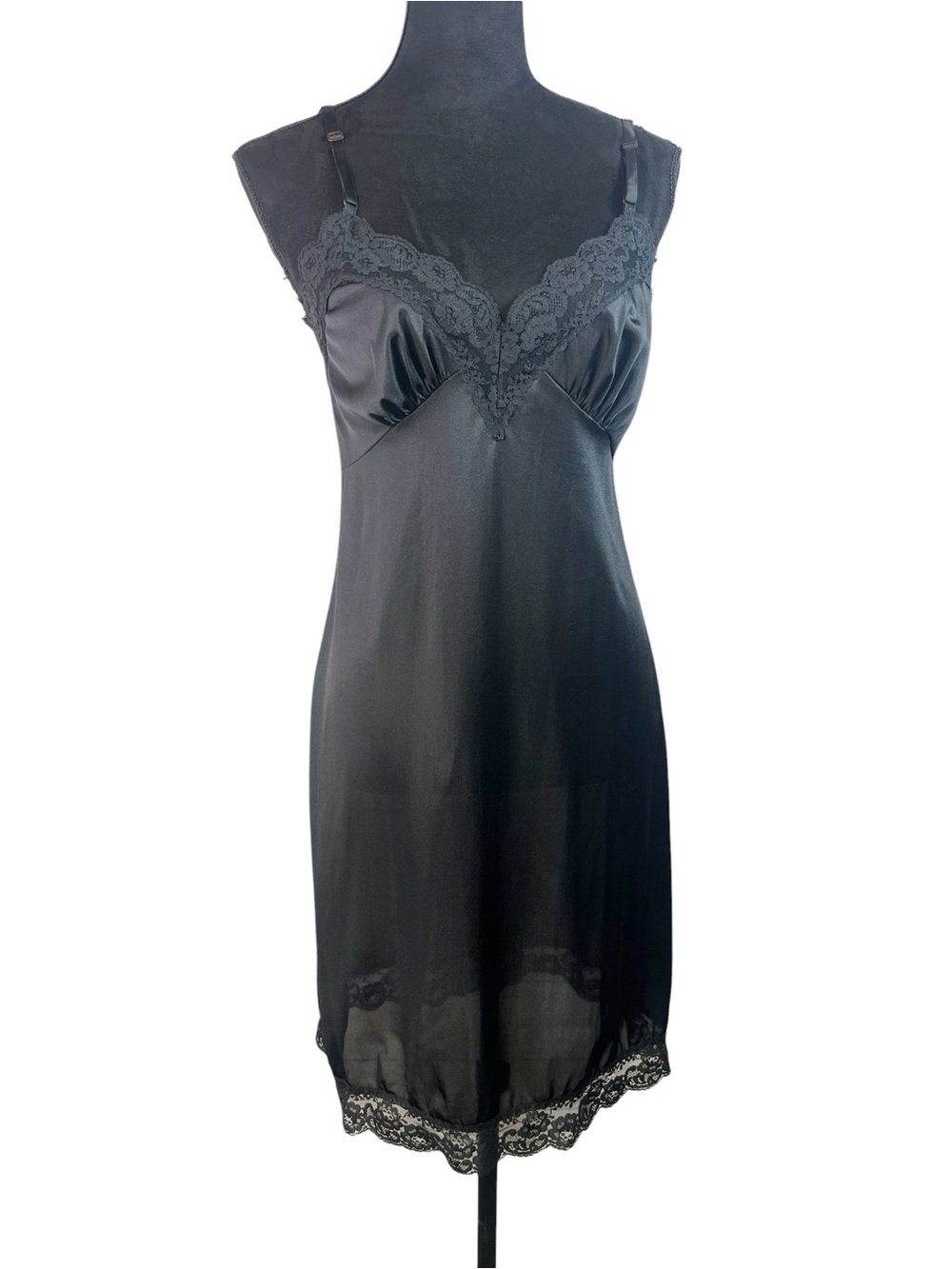 Vintage Sliperfection Black Slip Chemise Nightgown Floral Lace Size 34 Sexy USA